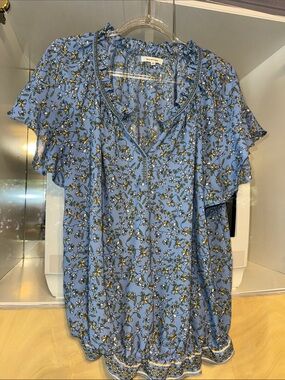 Max Studio Short Sleeve Ruffle-Neck Smocked Bubble Hem Blouse blue floral XL